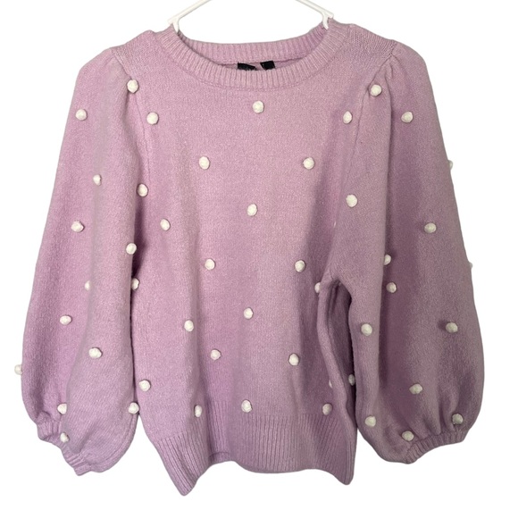 ontwelfth Sweaters - OnTwelfth Pom Pom Knit Sweater Balloon Sleeve Crew Neck sz S purple lavender